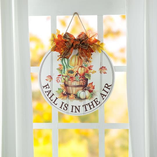 Glitzhome® 15" Fall Wood Round Word Sign Door Hanger